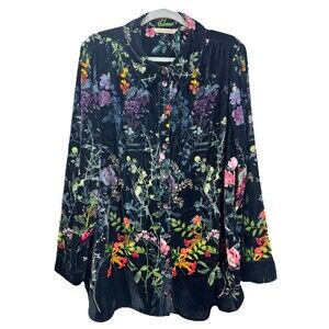 Soft Surroundings Jardim Velvet Button Up Top Size 2X Black Floral Long Sleeve
